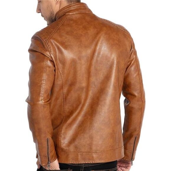 Tan Faux Leather Motorcycle Jacket Textured Stand Collar Bomber‎ Coat Outerwear - Picture 3 of 6
